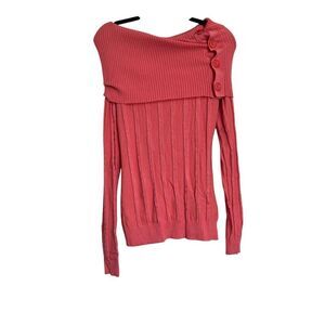 Guess Sweater Womens Medium Pink Ribbed Knit Fold Over Off The Shoulder Button